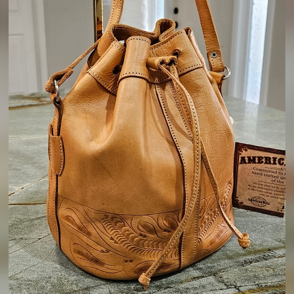 American West Handbags - American West Tooled Leather Drawstring Bucket Bag Crossbody Tan NWOT